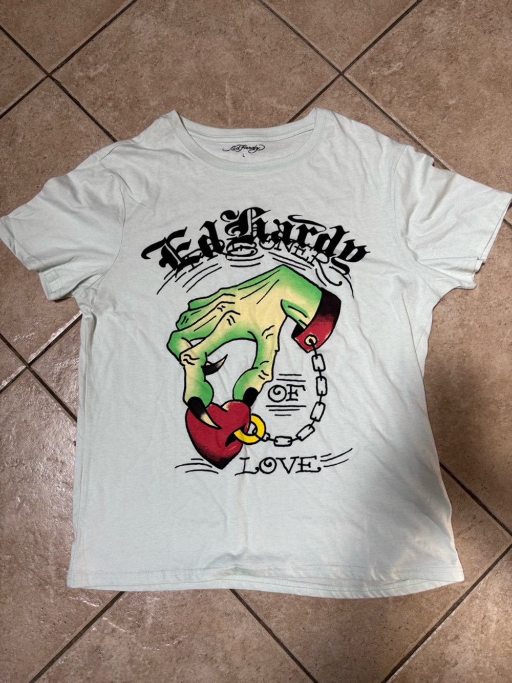 Ed Hardy White Tee with Green Hand and Red Heart Graphic